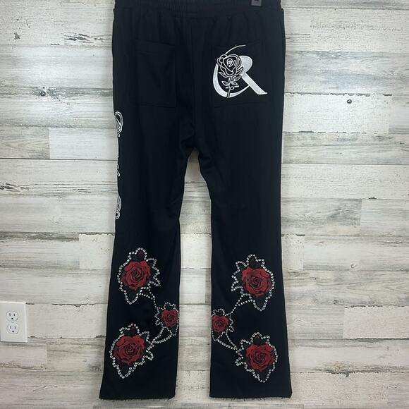 Christopher Rose Dream Rose Embellished Black Sweatpants Size Medium Rhinestones - Picture 6 of 10